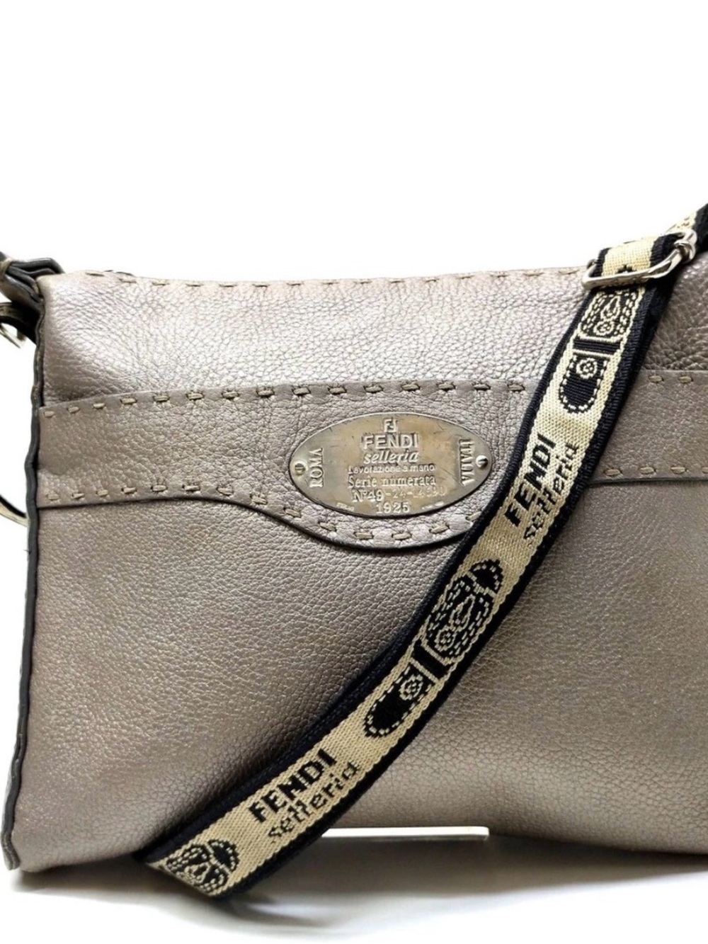 Fendi Taupe Leather Crossbody with Branded Woven Strap